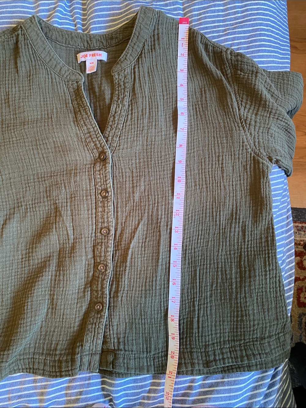 Olive Green Button-Front Gauze Blouse - Picture 8 of 9